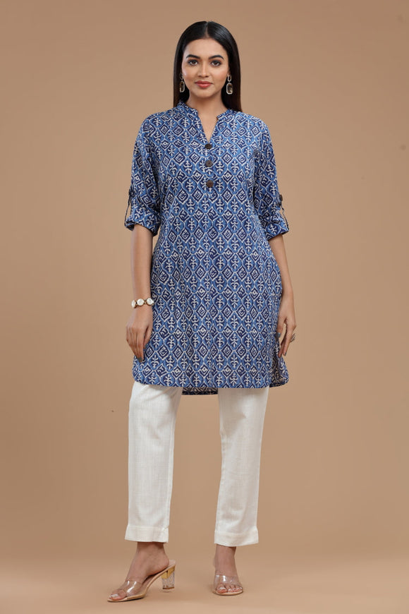 Block Printed Cotton Kurti for Women - Apple Cut, Roll-Up Sleeves and Coconut Buttons