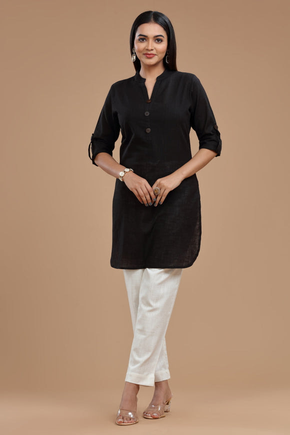 Slub Cotton Kurti for Women - Apple Cut, Roll-Up Sleeves and Coconut Buttons