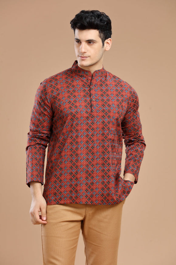 Men's cotton short kurta with full sleeves, casual wear, Indian fashion