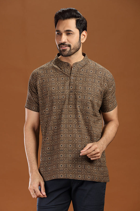 Printed cotton short kurta for men, stylish casual short kurta with floral print for men, men's ethnic printed short kurta in blue, full sleeve cotton short kurta for men with intricate pattern, men's trendy printed kurta shirt for summer