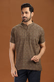Printed cotton short kurta for men, stylish casual short kurta with floral print for men, men's ethnic printed short kurta in blue, full sleeve cotton short kurta for men with intricate pattern, men's trendy printed kurta shirt for summer