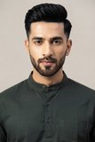 GREEN SELF TEXTURED COTTON SHORT KURTA FULL SLEEVES