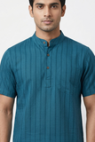 TURQUOISE SELF STRIPES COTTON SHORT KURTA HALF SLEEVES