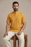 MUSTARD DOBBY COTTON SHORT KURTA HALF SLEEVES