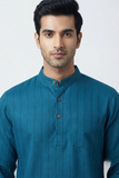 TURQUOISE SELF STRIPES COTTON SHORT KURTA FULL SLEEVES