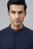 BLUE SELF TEXTURED COTTON SHORT KURTA FULL SLEEVES