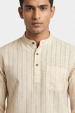 BEIGE SELF STRIPES COTTON SHORT KURTA FULL SLEEVES