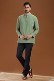 GREEN DOBBY COTTON SHORT KURTA FULL SLEEVES