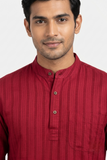MAROON SELF STRIPES COTTON SHORT KURTA FULL SLEEVES