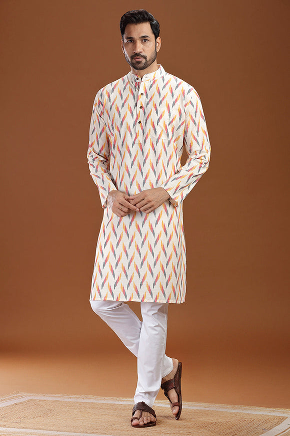 Ikat cotton long kurta for men, traditional wear, breathable fabric