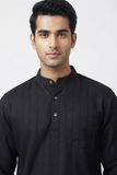 BLACK SELF STRIPES COTTON SHORT KURTA FULL SLEEVES