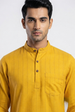YELLOW SELF STRIPES COTTON SHORT KURTA FULL SLEEVES