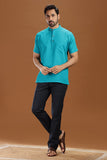 BLUE LINEN COTTON HALF SLEEVES SHORT KURTA