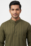 GREEN SELF STRIPES COTTON SHORT KURTA FULL SLEEVES