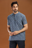 BLUE PRINTED COTTON SHORT KURTA HALF SLEEVES