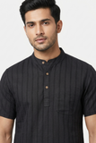 BLACK SELF STRIPES COTTON SHORT KURTA HALF SLEEVES