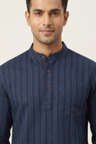 BLUE SELF STRIPES COTTON SHORT KURTA FULL SLEEVES