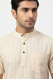 BEIGE SELF STRIPES COTTON SHORT KURTA HALF SLEEVES