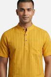 YELLOW SELF STRIPES COTTON SHORT KURTA HALF SLEEVES