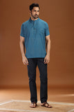 BLUE PRINTED COTTON SHORT KURTA HALF SLEEVES