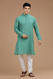 GREEN COTTON DOBBY LONG KURTA