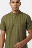 GREEN SELF STRIPES COTTON SHORT KURTA HALF SLEEVES