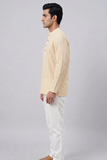 BEIGE SELF STRIPES COTTON SHORT KURTA FULL SLEEVES