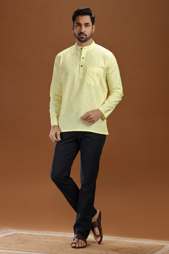 linen cotton short kurta for men, traditional wear, breathable fabric