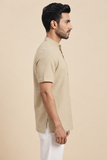 BEIGE TEXTURED COTTON SHORT KURTA HALF SLEEVES