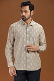 Handwoven men's shirt made from fine-count 2/60s ikat cotton fabric, featuring a single front pocket and a unique blue and white pattern.