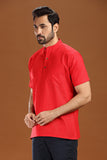 RED LINEN COTTON HALF SLEEVES SHORT KURTA