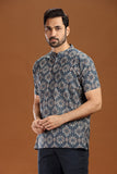 BLACK PRINTED COTTON SHORT KURTA HALF SLEEVES