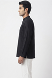 BLACK SELF STRIPES COTTON SHORT KURTA FULL SLEEVES