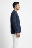 BLUE SELF STRIPES COTTON SHORT KURTA FULL SLEEVES