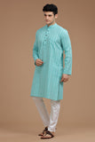 TURQUOISE COTTON DOBBY LONG KURTA