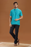 BLUE LINEN COTTON HALF SLEEVES SHORT KURTA