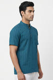 TURQUOISE SELF STRIPES COTTON SHORT KURTA HALF SLEEVES