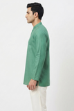 GREEN TEXTURED SOFT COTTON SHORT KURTA FULL SLEEVES