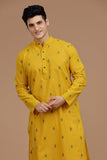 YELLOW COTTON DOBBY LONG KURTA