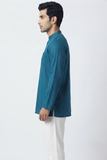 TURQUOISE SELF STRIPES COTTON SHORT KURTA FULL SLEEVES