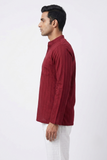 MAROON SELF STRIPES COTTON SHORT KURTA FULL SLEEVES