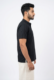 BLACK SELF STRIPES COTTON SHORT KURTA HALF SLEEVES