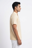 BEIGE SELF STRIPES COTTON SHORT KURTA HALF SLEEVES