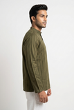 GREEN SELF STRIPES COTTON SHORT KURTA FULL SLEEVES