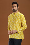 YELLOW PRINTED COTTON SHORT KURTA FULL SLEEVES