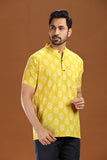 YELLOW PRINTED COTTON SHORT KURTA HALF SLEEVES