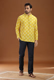 YELLOW PRINTED COTTON SHORT KURTA FULL SLEEVES