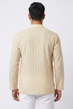 BEIGE SELF STRIPES COTTON SHORT KURTA FULL SLEEVES
