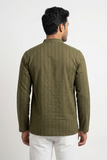 GREEN SELF STRIPES COTTON SHORT KURTA FULL SLEEVES
