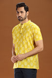YELLOW PRINTED COTTON SHORT KURTA HALF SLEEVES